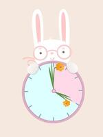 Spring time. Cute white rabbit with clock and flower clock hands. Spring sticker or banner. vector