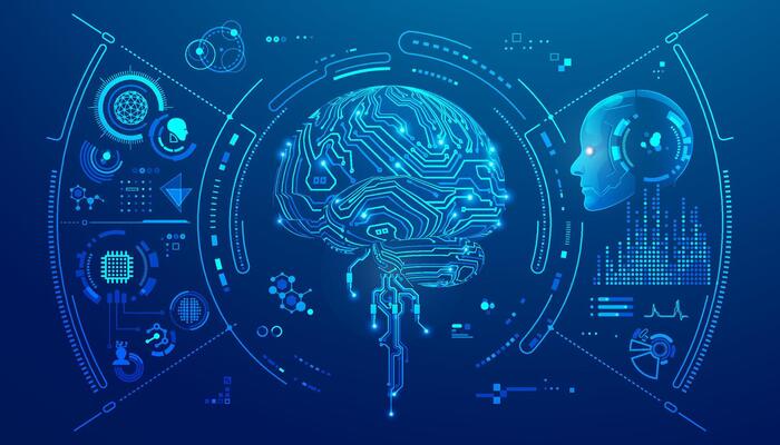 concept of robotics in neurosurgery or machine learning, graphic of AI brain with medical technology interface and artificial intelligence assistance