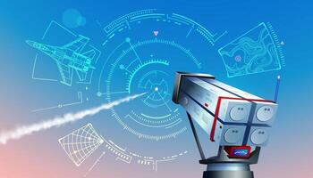 graphic of rocket launcher or missile launcher with futuristic radar interface for military technology concept vector
