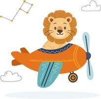 Lion in plane, hand drawn cartoon style. Suitable for kids illustrations and travel themes. White background with clouds and star constellation. vector