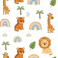 Seamless pattern with jungle animals and rainbows in hand drawn, cartoon style. Suitable for kids prints and baby nursery. White background. vector