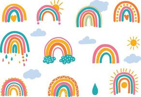 Set with clouds, raindrops and sun in hand drawn, doodle style. Suitable for kids designs and cheerful weather illustrations. White background. vector