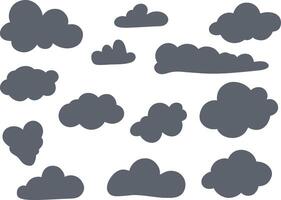 Set of cloud shapes, dark storm clouds in hand drawn, doodle style. Suitable for weather designs, stickers, print and digital decoration. White background. vector