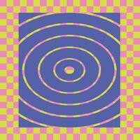 Vibrant abstract optical illusion with concentric circles on bold checkered background in retro pop colors vector