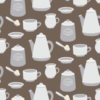 pattern with cooking utensils for tea drinking. Porcelain teapot, mug, saucer, sugar bowl, cream container. The dishes are varied. Retro-style cutlery for liquids. Texture color illustration in gray vector