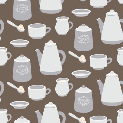 pattern with cooking utensils for tea drinking. Porcelain teapot, mug, saucer, sugar bowl, cream container. The dishes are varied. Retro-style cutlery for liquids. Texture color illustration in gray