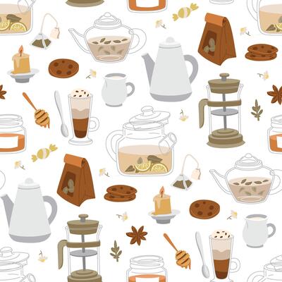 tea party time pattern is colored in the flat doodle style. Teapots, sweets, lemon, tea, packaging. Ideal for use in tea packaging design, kitchen accessories, cafes, culinary blogs and restaurants.