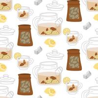 pattern with tea ceremony objects. It's time for a tea party. illustrations of a tea set with a teapot, mug, tea bags, lemon, sugar cubes. Texture for a cozy tea party on a white background vector