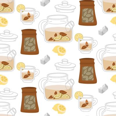 pattern with tea ceremony objects. It's time for a tea party. illustrations of a tea set with a teapot, mug, tea bags, lemon, sugar cubes. Texture for a cozy tea party on a white background
