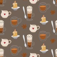 pattern with different cups of coffee drinks. Invigorating coffee, layered coffee drink, star anise, candles, cream. texture for a traditional and cozy pastime. a warm drink. Flat color vector