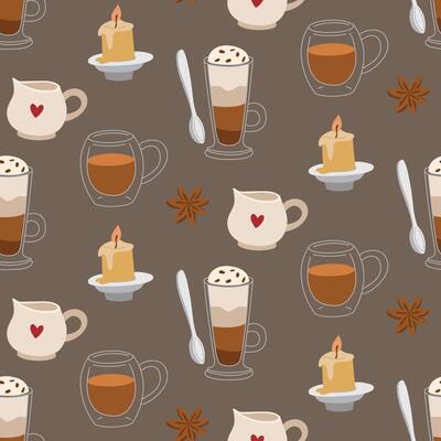 pattern with different cups of coffee drinks. Invigorating coffee, layered coffee drink, star anise, candles, cream. texture for a traditional and cozy pastime. a warm drink. Flat color