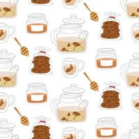 pattern of objects on the theme of the tea ceremony. It's time for a tea party. illustrations of a tea set with a teapot, mug, package of oatmeal cookies, honey. cozy tea party vector