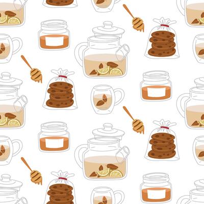 pattern of objects on the theme of the tea ceremony. It's time for a tea party. illustrations of a tea set with a teapot, mug, package of oatmeal cookies, honey. cozy tea party