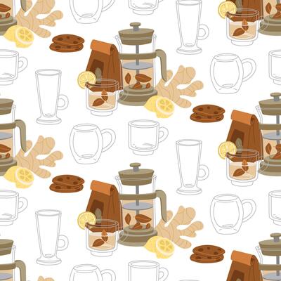 pattern with objects on theme of tea ceremony. It's time for tea party. illustrations of a tea with teapot, mug, package of loose tea, lemon, ginger root on white. texture for a cozy tea party