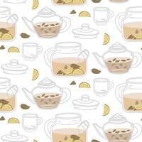 pattern of transparent glass teapots with tea leaves and lemon. An open kettle with lemon slices. a closed kettle with tea. A teapot texture for a traditional and cozy tea party. Flat seamless vector