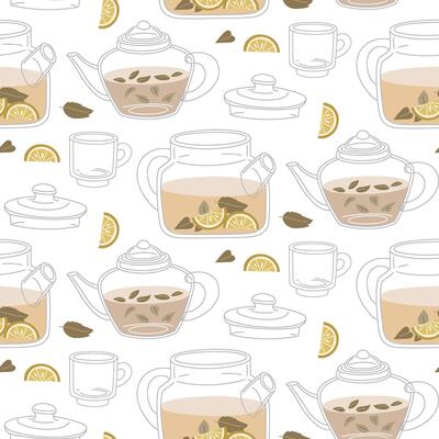 pattern of transparent glass teapots with tea leaves and lemon. An open kettle with lemon slices. a closed kettle with tea. A teapot texture for a traditional and cozy tea party. Flat seamless