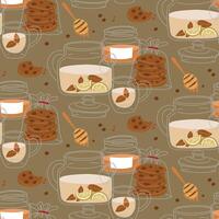 pattern of a group of objects on theme of the tea ceremony. It's time for a tea party. illustrations of a tea set with a teapot, mug, package of oatmeal cookies, honey on a dark. cozy tea party vector