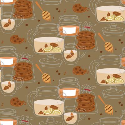 pattern of a group of objects on theme of the tea ceremony. It's time for a tea party. illustrations of a tea set with a teapot, mug, package of oatmeal cookies, honey on a dark. cozy tea party