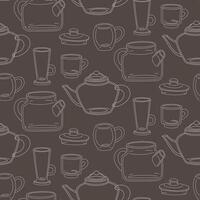 pattern of transparent tableware. Teapots and cups made of transparent tableware. Doodle elements. usual flat dishes for tea drinking. texture for kitchen illustration for banner, advertisement, menu vector
