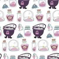 The potion-making pattern. pollen, jar, magic sand, tools in the style of magic doodles. A color tablet. Texture for fantasy projects, books, games, and artwork related to magic and mystical rituals vector