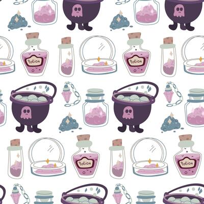 The potion-making pattern. pollen, jar, magic sand, tools in the style of magic doodles. A color tablet. Texture for fantasy projects, books, games, and artwork related to magic and mystical rituals