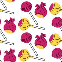 Pink chupa chups pattern, lollipop. Flat color texture, candy on sticks. Candies in and without packaging. Open and closed. illustration. Bright yellow, pink. Sweets of the 90s, 2000s. Retro vector
