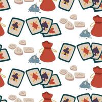 pattern of cards, runes, and magic dust in flat style. Color drawing. Objects for fortune-telling. texture for fantasy projects, books, games, artwork related to magic, alchemy, and mystical rituals vector