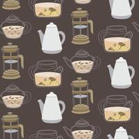 pattern with various glass teapots. Glass, porcelain, transparent teapot for brewing. a kettle for brewing tea at any time. a kettle for a traditional cozy tea party. Flat color texture on gray vector