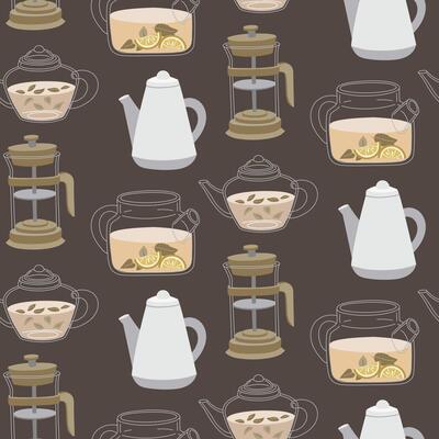 pattern with various glass teapots. Glass, porcelain, transparent teapot for brewing. a kettle for brewing tea at any time. a kettle for a traditional cozy tea party. Flat color texture on gray