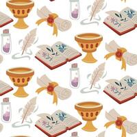 magic items pattern. Book, bowl, roll, pen, magic pollen in colored flat style. Suitable for the texture of fantasy projects, books, games, and works art related magic, alchemy, mystical rituals vector