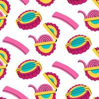pattern of chewing gum in a roll. the package with long strip of chewable candies is open. Pink chewing gum with insulation. Bright flat colored texture in form of doodles. Chewing gum from 90s, 2000s vector