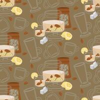 pattern with tea ceremony objects. It's time for a tea party. illustrations of a tea set with a teapot, mug, tea bags, lemon, sugar cubes. A texture for a cozy tea party. Dark shades vector