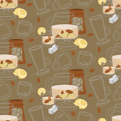 pattern with tea ceremony objects. It's time for a tea party. illustrations of a tea set with a teapot, mug, tea bags, lemon, sugar cubes. A texture for a cozy tea party. Dark shades