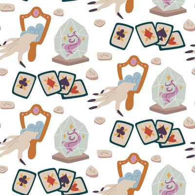 pattern of cards, runes, mirror with image of witch's hand, crystal in flat style. Color. Objects for divination in texture. Suitable fantasy projects, books, artwork related magic, mystical rituals