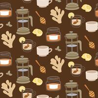 pattern in the theme of the tea ceremony. It's time for the tea party. Texture from a tea set with a teapot, mug, honey, lemon, ginger and sweets on a white background. Items for a cozy tea party vector