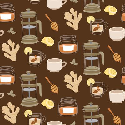 pattern in the theme of the tea ceremony. It's time for the tea party. Texture from a tea set with a teapot, mug, honey, lemon, ginger and sweets on a white background. Items for a cozy tea party