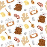 pattern of sweets for the tea ceremony. It's time for the tea party. illustrations with honey, lemon, ginger, cookies and sweets on a white background. A texture for a cozy tea party vector