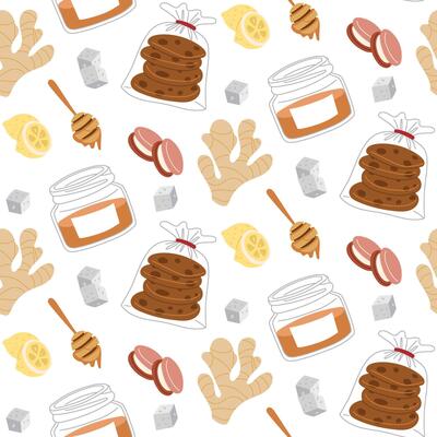 pattern of sweets for the tea ceremony. It's time for the tea party. illustrations with honey, lemon, ginger, cookies and sweets on a white background. A texture for a cozy tea party