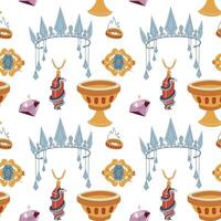 pattern of colored magic tools. snake on crystal, ring, crown and brooch, cup. Flat drawing. A texture for fantasy projects, books, games, and artwork related to magic, alchemy, and mystical rituals. vector