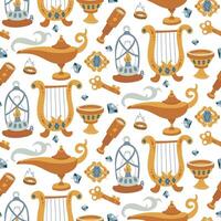pattern of magical items. harp, lamp, key, telescope, hair clip, ring in colored flat design. Suitable for textures of fantasy projects, books, games, works of art related to magic, mystical rituals. vector