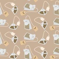 pattern is flat tea bags and pyramids. Green, black, triangular, rectangular tea bags for brewing. a bag with a label. The texture. For hot drinks that can be brewed with water. Color illustration vector