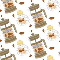 pattern of a teapot and a mug of tea. Products on theme of tea ceremony. It's time for a tea party. Texture from an illustration of a tea set with a teapot, mug and lemon on a white. cozy tea party vector