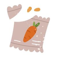 bag of carrot seeds. A flat doodle with a texture. It is suitable for packaging, posters, stickers, decoration of garden products, blogs and flower shops. Spring, planting in the soil. An open package vector