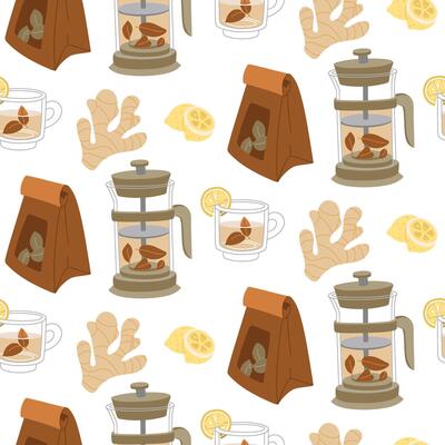 pattern with objects on the theme of the tea ceremony. It's time for a tea party. Tea set with teapot, mug, package of loose tea, lemon, ginger root on a white background. texture for a cozy tea party