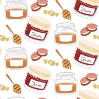 pattern of sweets for a tea party. Lollipops, candies, cookies, pasta, jam, honey. Individual tea party items on a white background. Different types of drawings of sweet objects in texture vector
