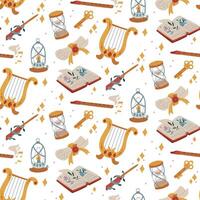 pattern is magically colored. harp, lamp, clock, key, cane in flat style. Painted. A texture for fantasy projects, books, games, and works of art related to magic, alchemy, and mystical rituals. vector
