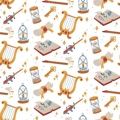 pattern is magically colored. harp, lamp, clock, key, cane in flat style. Painted. A texture for fantasy projects, books, games, and works of art related to magic, alchemy, and mystical rituals.