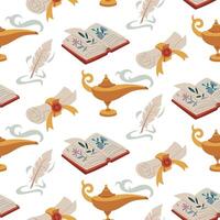 pattern of magical items. pen, book, roll-up, gin lamp in colored flat design. Texture for fantasy projects, books, games, and works of art related to magic, alchemy, and mystical rituals. packaging vector