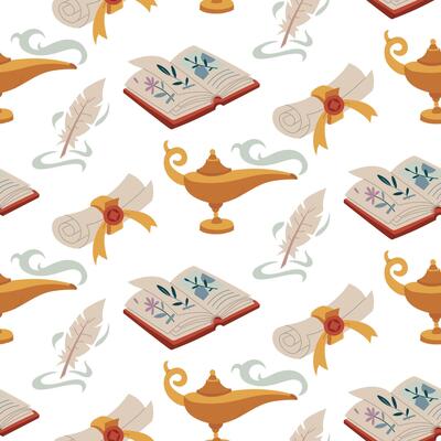 pattern of magical items. pen, book, roll-up, gin lamp in colored flat design. Texture for fantasy projects, books, games, and works of art related to magic, alchemy, and mystical rituals. packaging