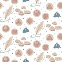 pattern of magical fountain pens and elemental stones, runes. Colored flat. texture for projects related fantasy, magic, literature. Suitable for decorating books, writing magic stories and creating vector